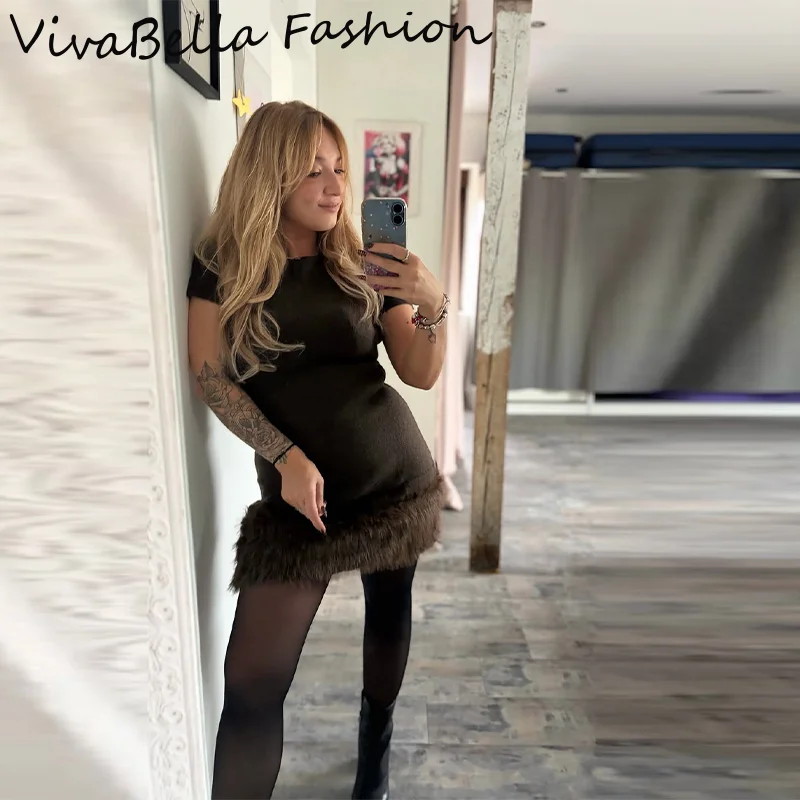 

Новинка 2026: Вязаное платье из искусственного меха в стиле пэчворк, однотонное, с круглым вырезом, коротким рукавом, длиной до колена, для женщин, весенние платья для вечеринок и клубов