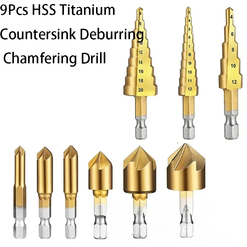 

9 шт., сверло с зенковкой, шестигранный хвостовик, HSS, 5 канавок, зенковка, 90 градусов, центральные перфораторы, инструменты для снятия заусенцев, фреза для снятия фаски