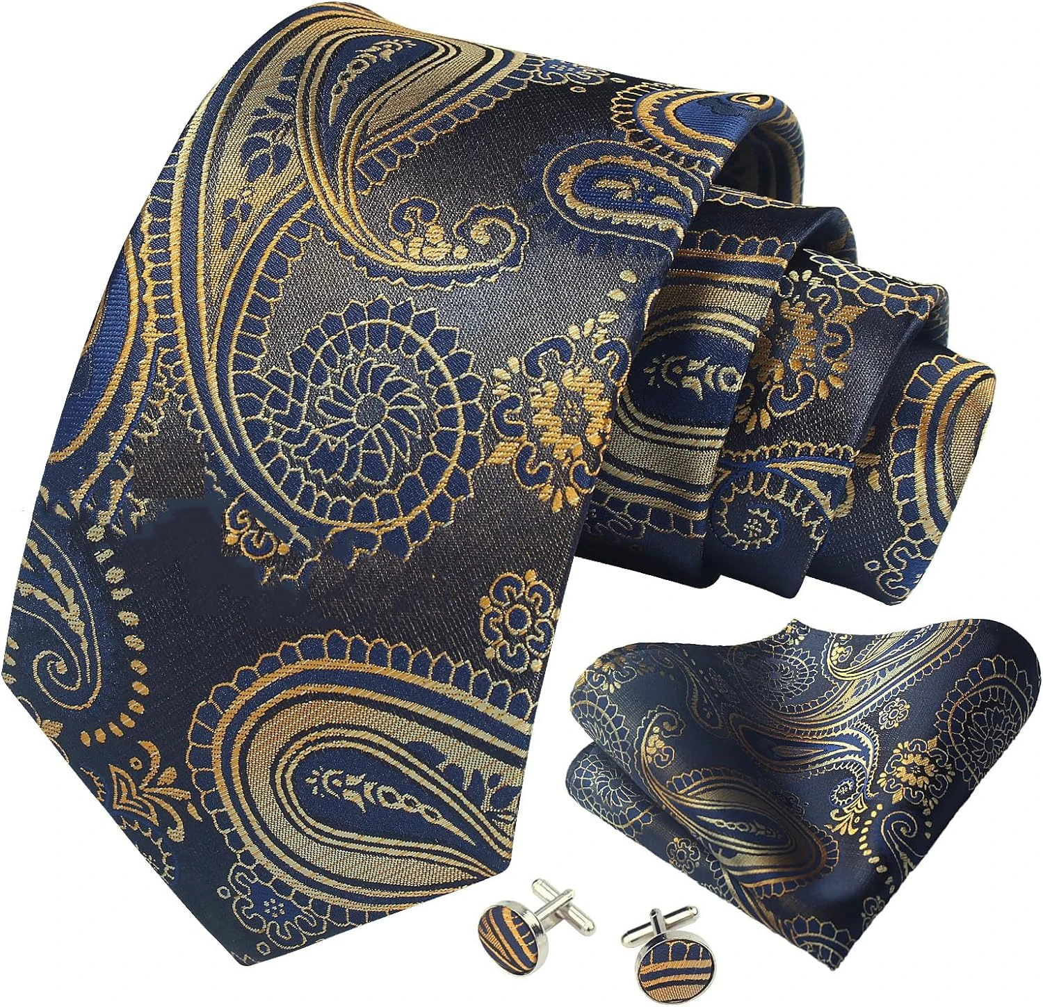 Paisley-Krawattenset für Herren, luxuriöse Krawatte, Einstecktuch, Manschettenknöpfe, 3-teiliges Set, klassische florale Krawatte, Einstecktuch für Anzug, Hochzeit, Business, Cravata – Detail 6