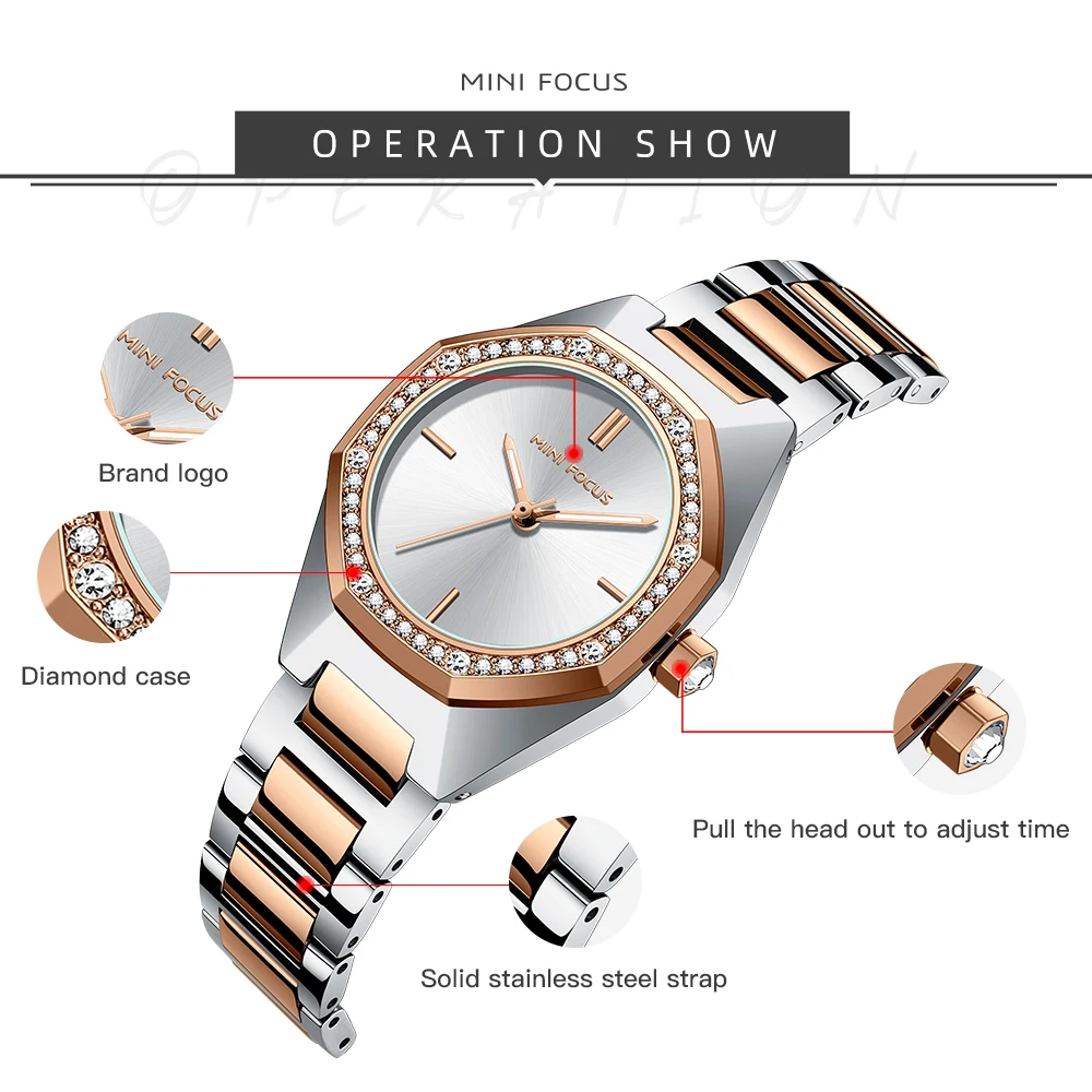 MINI FOCUS Women's Wristwatch Elegant Luxury Quartz Watch For Women Fashion Waterproof Watches  Stainless Steel Strap 0433L