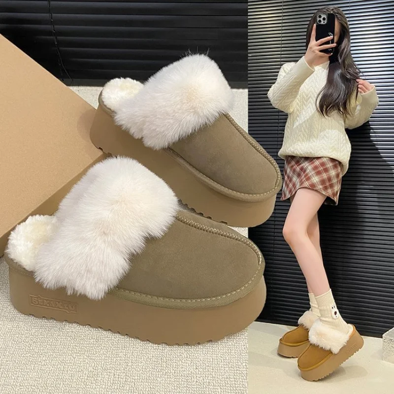 

2026 зимние женские тапочки на массивной платформе, плюшевые пушистые уличные слипоны с флисовой подкладкой, теплая уютная домашняя обувь с закрытым носком