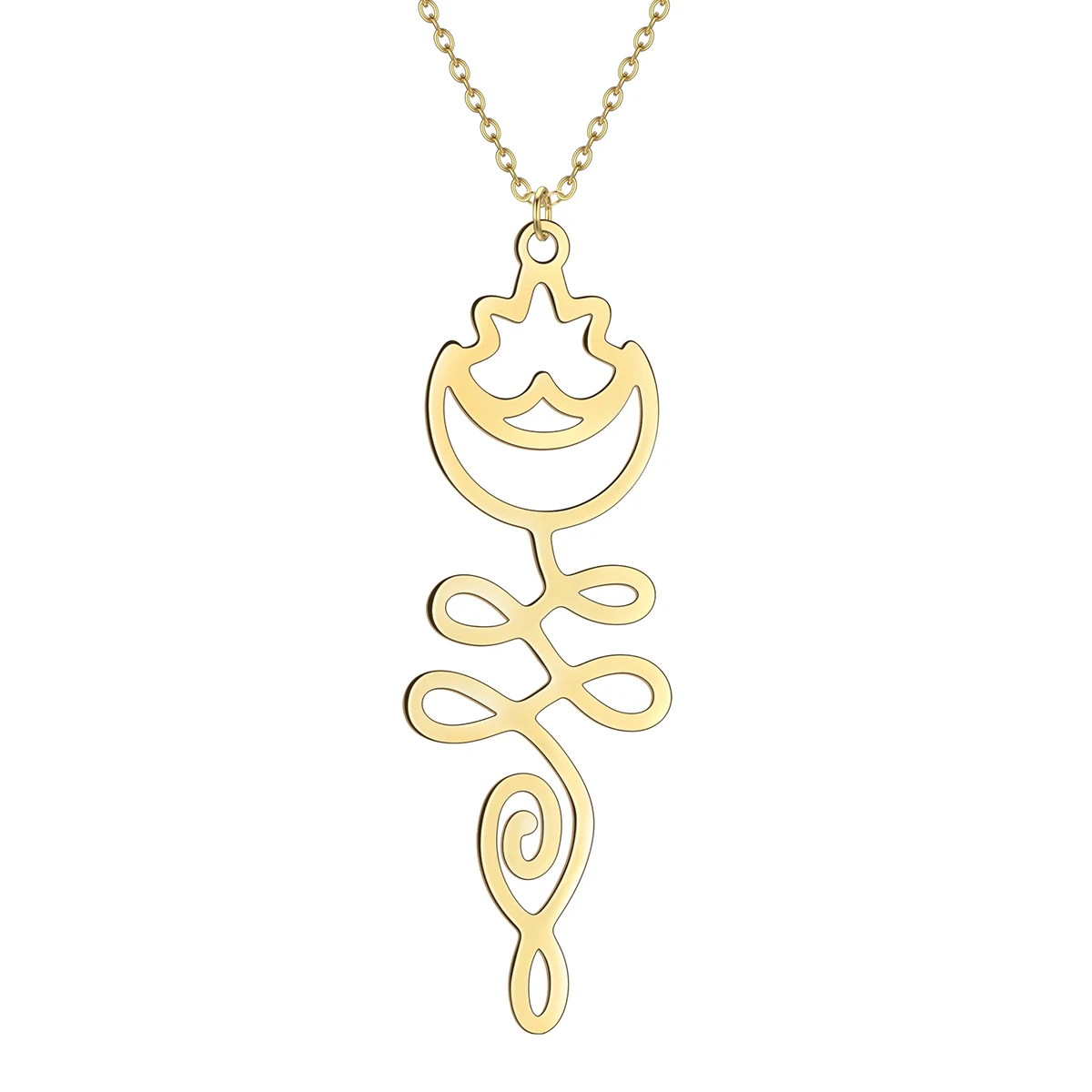 Stainless Steel Crecent Moon And Lotus Unalome Necklace Celestial Buddhist Jewelry Yoga Lotus Floral Pendant Necklace