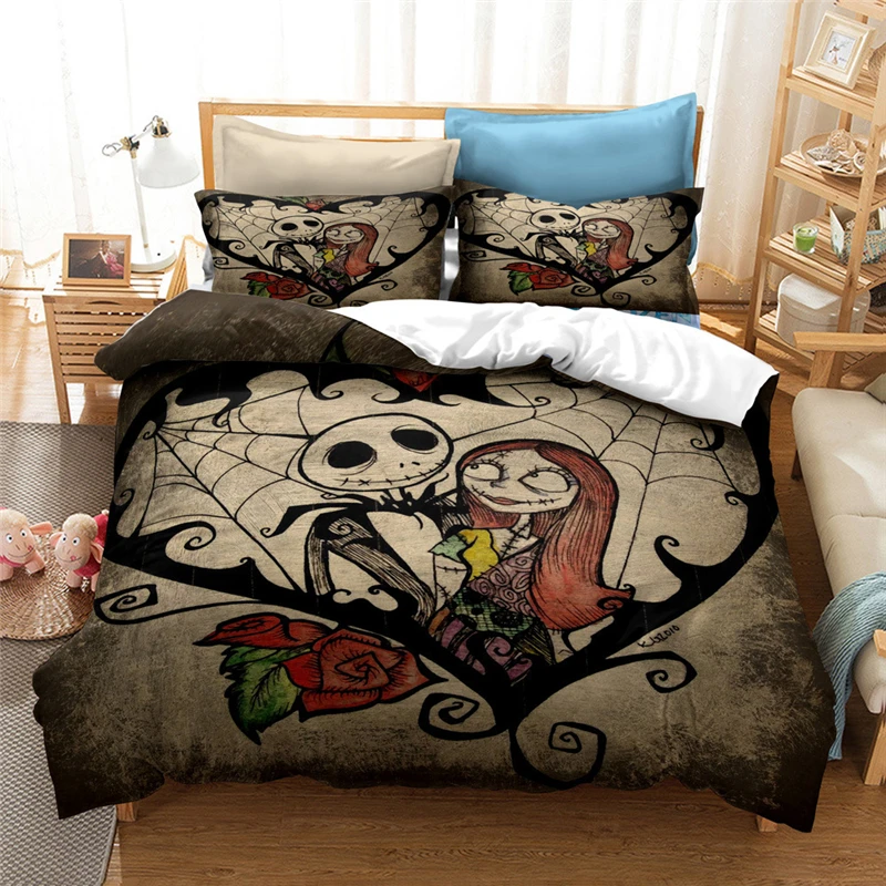 

Nightmare Before Christmas Duvet Cover Set with Pillow Cover Bed Set Jack and Sally 3D Skull Christmas Bedding Set Bedroom Decor