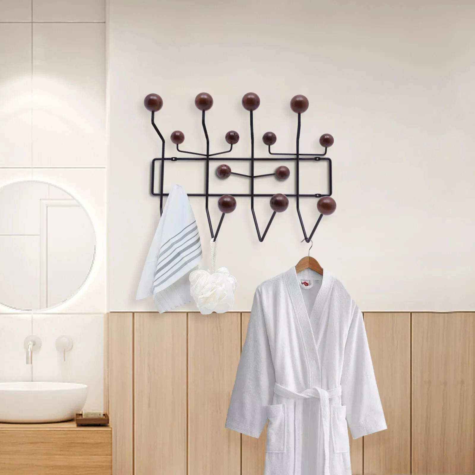 

Solid Walnut Wooden Balls Coat Rack - "Hang It All" Wall Hanger, Hat Organizer