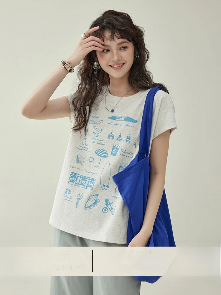 North Island AMUU Original Salt Series Blue Print round Neck Short Sleeve Women's T-Shirt Summer New Loose Casual Top