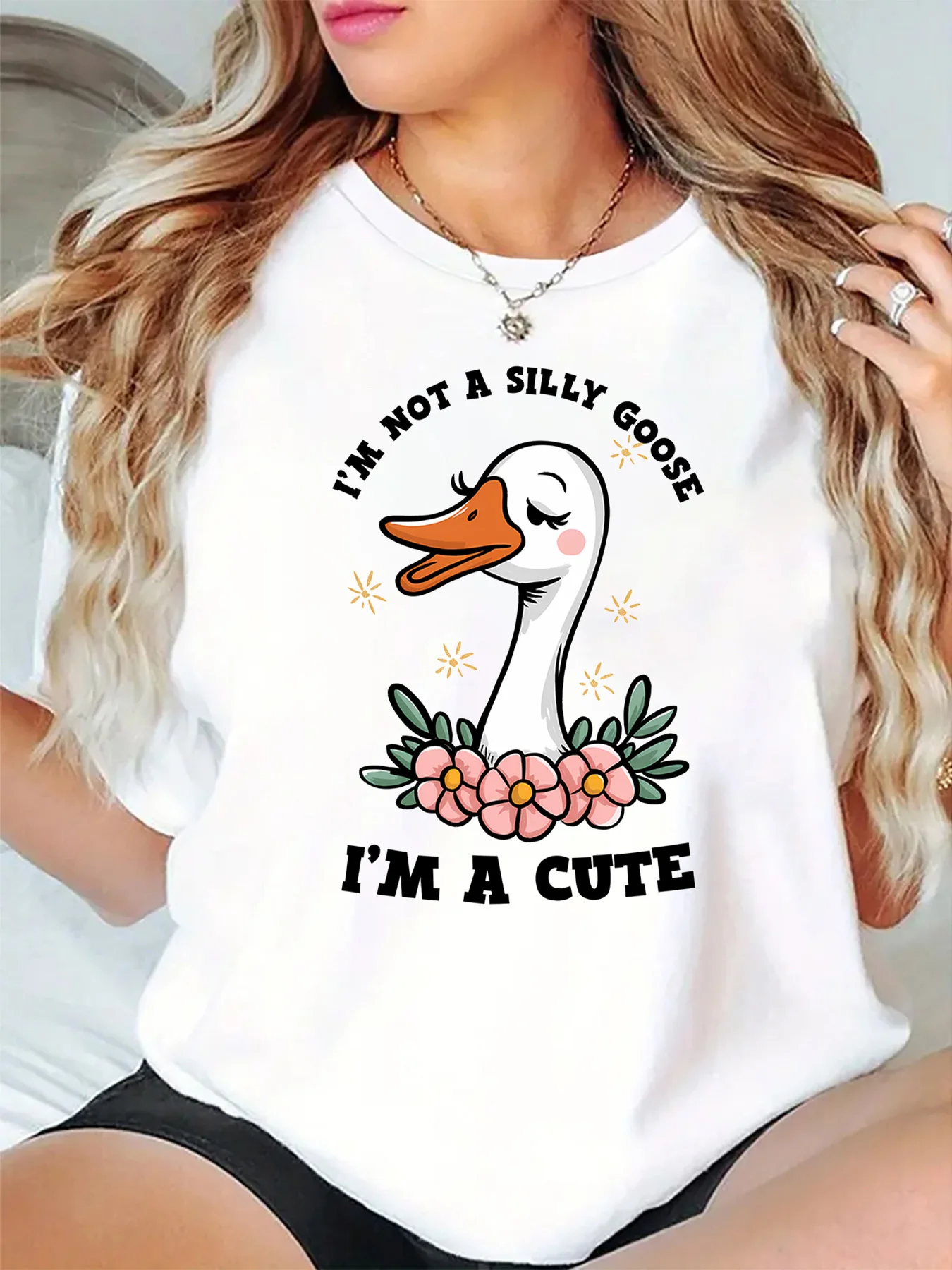 Cute Silly Goose With Pink Flowers Quote Slogan Art Print Graphic Ladies T Shirt Short Sleeve Crew Neck Casual Daily Tee Tops