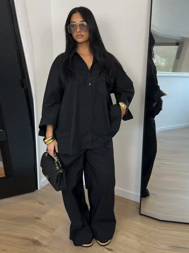 Elegante Damen-Hosenanzüge mit Revers: Oversized Hemd, Langarm-Bluse mit Knopfleiste, Weite Hose, Schickes Einfarbiges Outfit – Detail 12