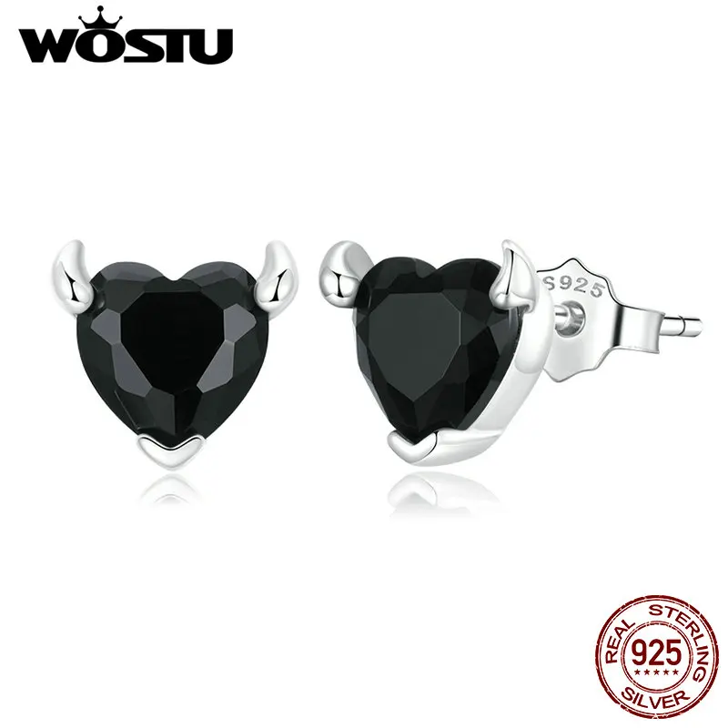 WOSTU Classic 100% 925 Sterling Silver Devil Heart Ear Studs Earrings Exquisite Black Zircon Earrings Fine Anniversary Jewelry