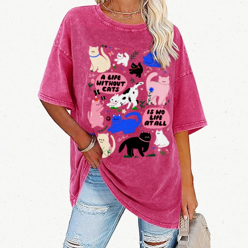 Kawaii Cat Print y2k Shirt Women Graphic Clothing Unisex Retro Shirt Funny Vintage Washed t-Shirt Top Tees