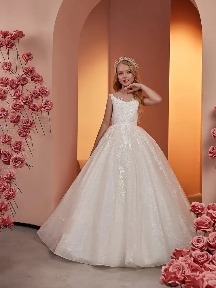 Vestido de tul de encaje para niña de las flores, vestido de boda sin mangas con capa hinchada brillante, vestidos de cumpleaños de primera comunión