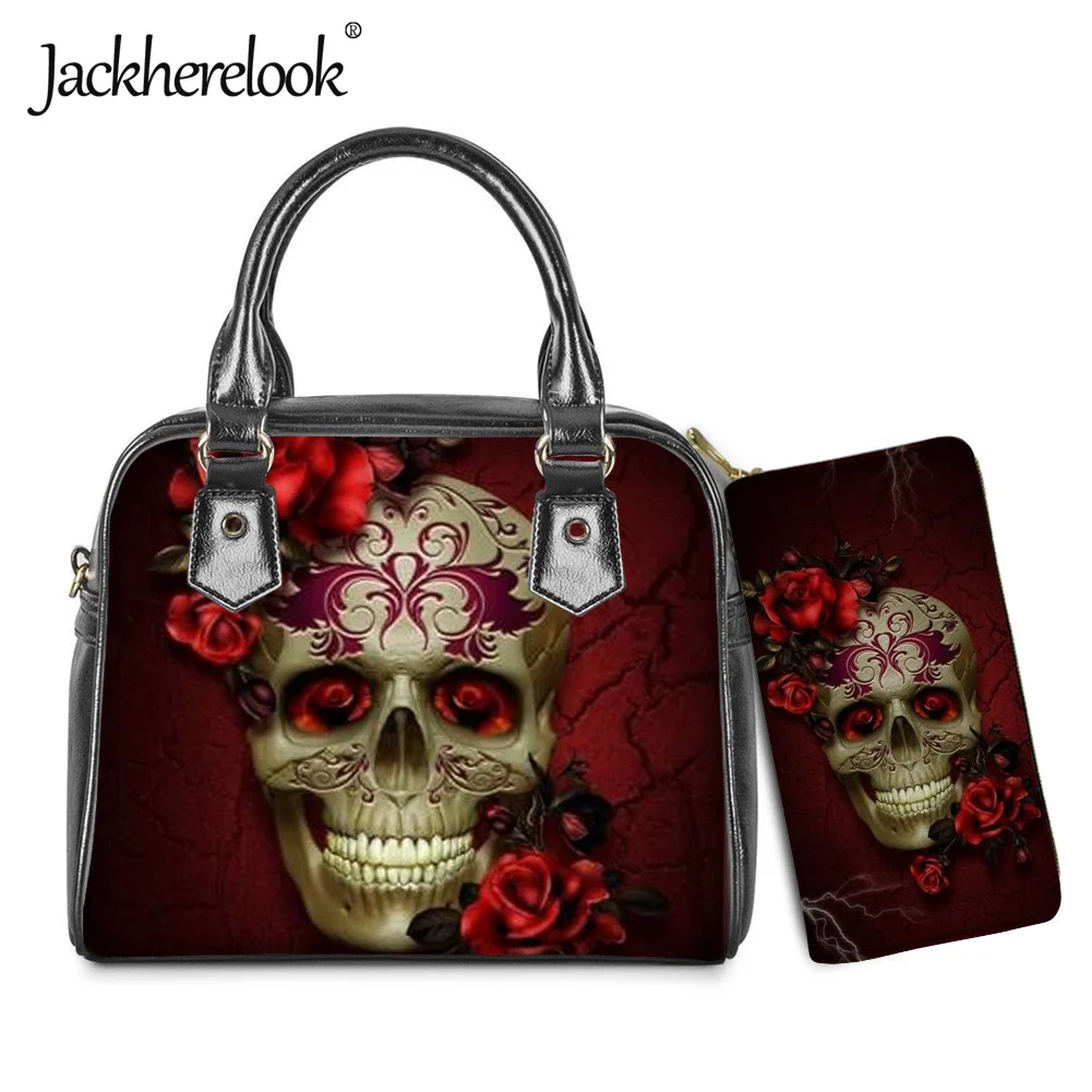 

Jackherelook Skull&Floral Luxury PU Leather Handbags for Women Cross Body Bags&Fashion Coin Purse 2Pcs/Set Bolsa Feminina Gift