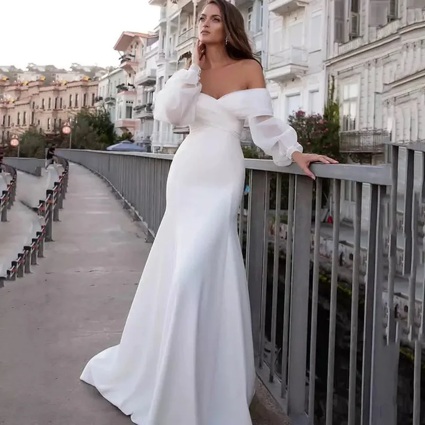 Vestidos de casamento femininos outono novo simples branco de um ombro bem-vindo viagem fotografia cetim luz vestidos de casamento