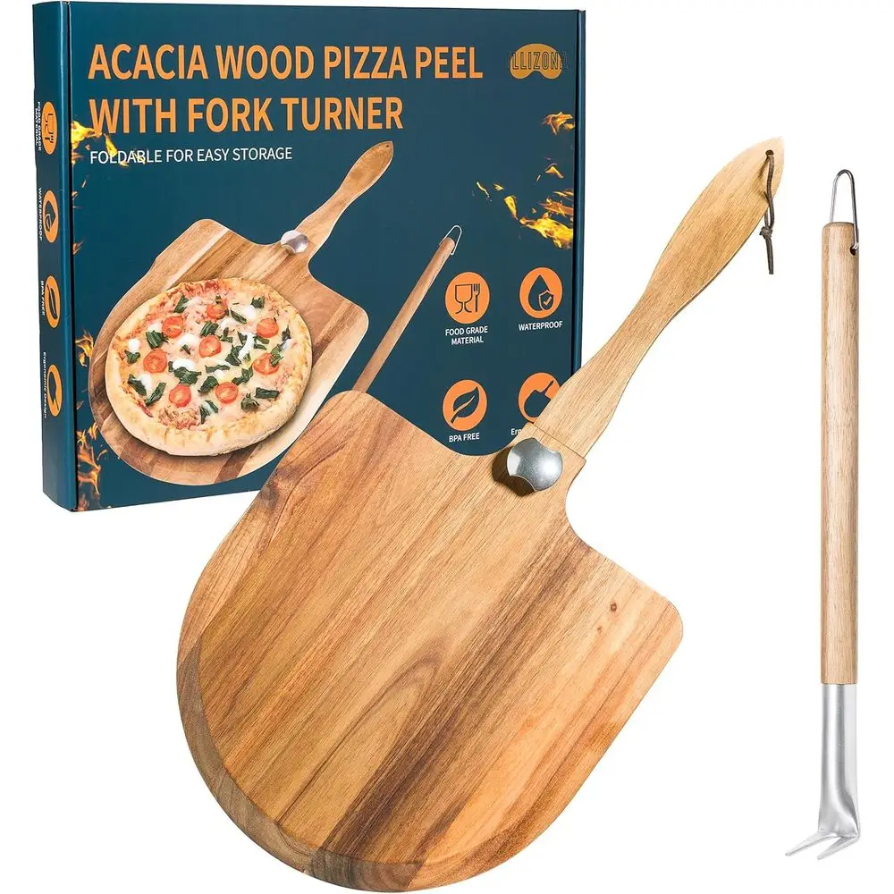 

Acacia Wood Pizza Peel & Wooden Paddle Set – Folding Handle Pizza Board with 18″ Turning Fork, Pizza Oven Tools & Accessories fo