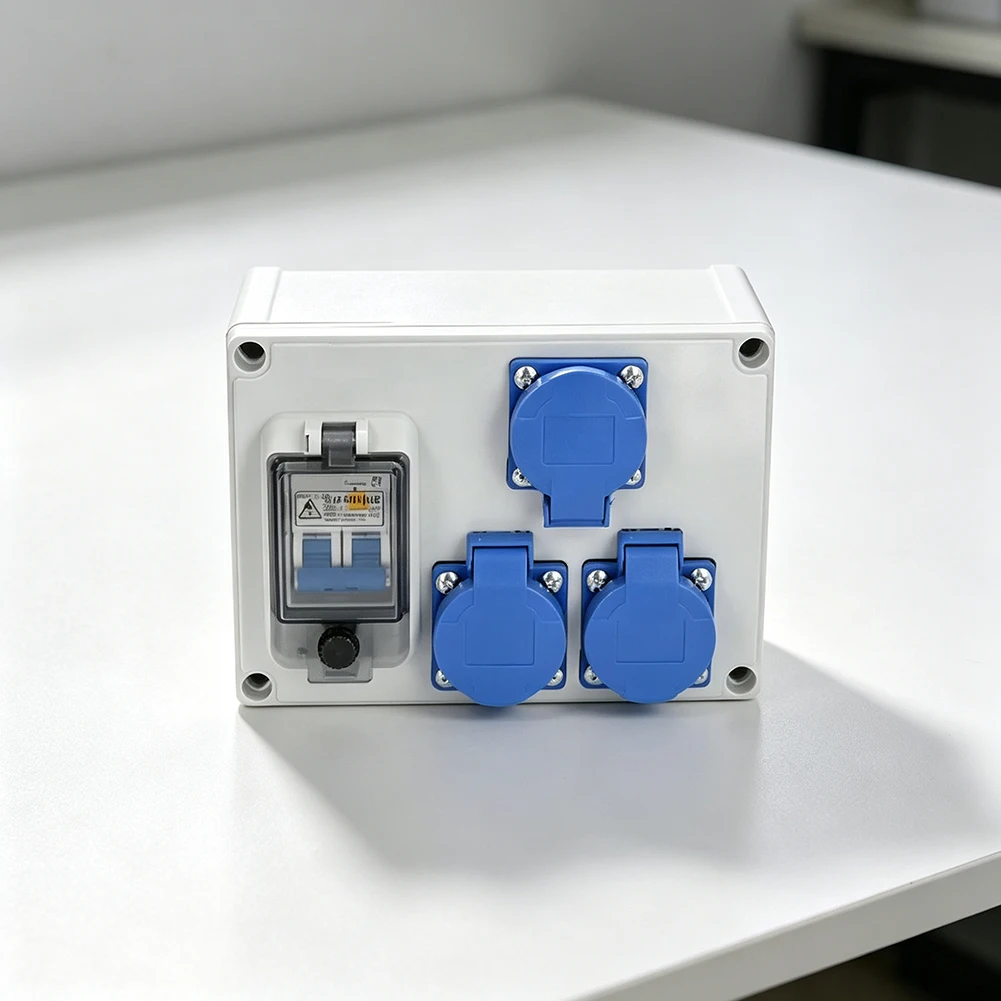 3-Way IP54 Wall Power Distributor 250V 16A with 1P+N Switch and Space Saving Design for Garages Gardens Workshops