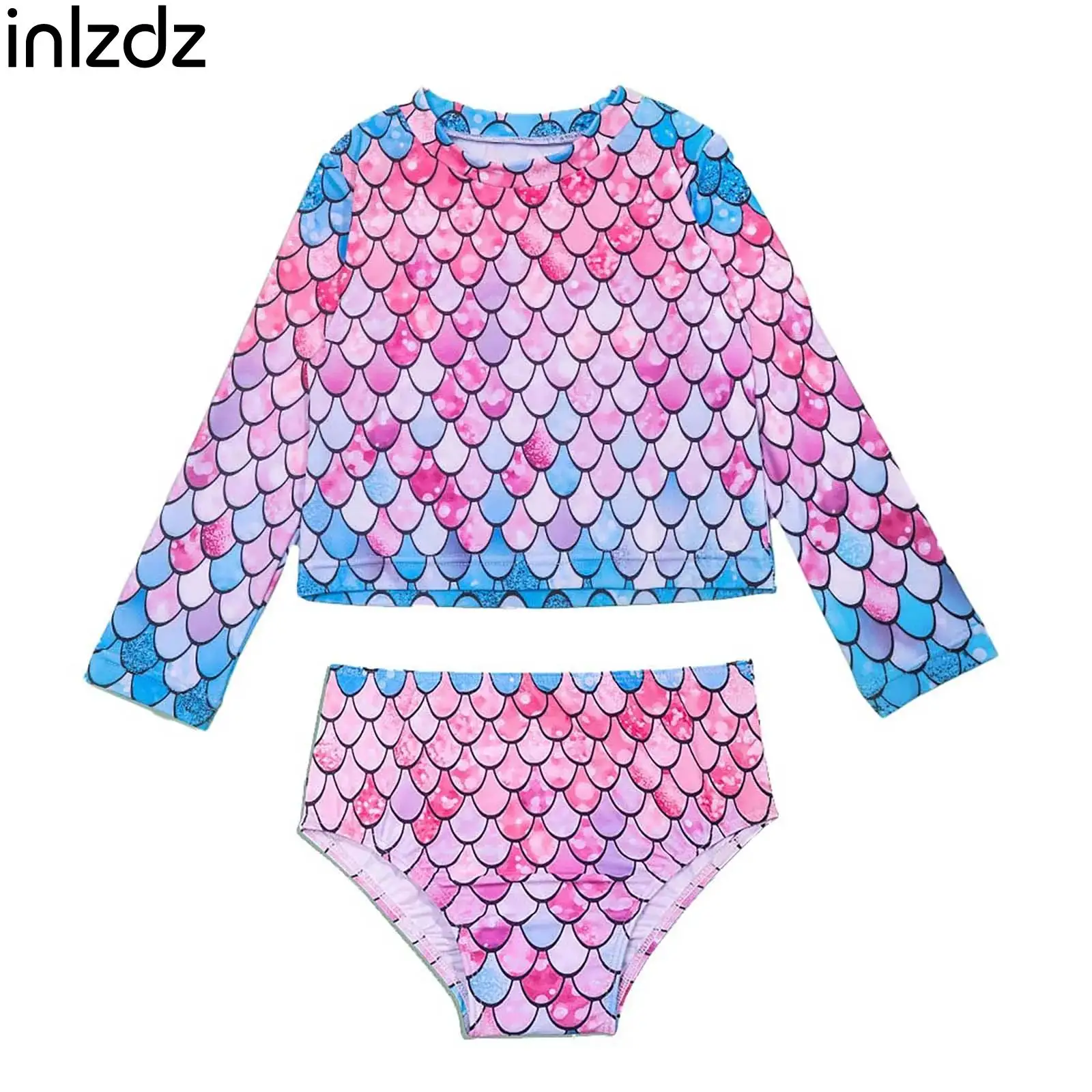 

Kids Girls Two Piece Mermaid Printed Swimsuit Long Sleeve Cropped Top with Swim Bottoms Summer Hawaiian Beachwear Bathing Suit