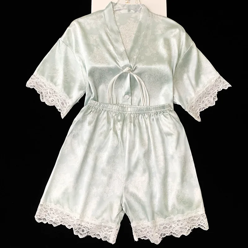 Silk Pajama Set V Neck Short Sleeve Shorts Lace Trim Home Wear