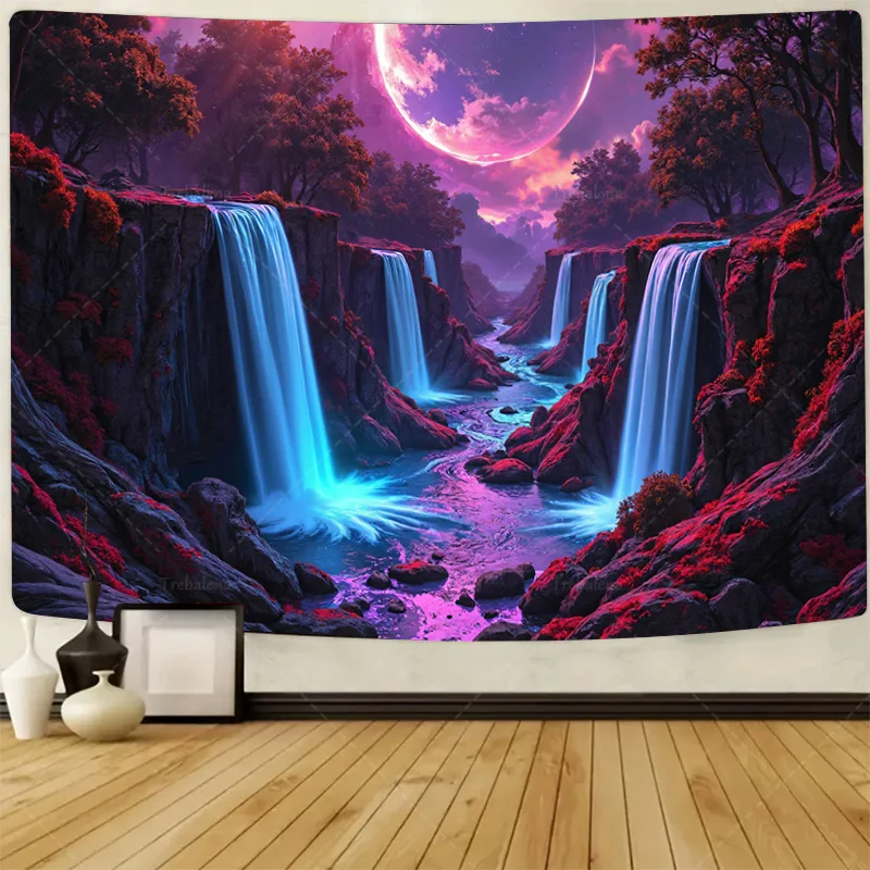 

1шт настенный гобелен "Мистический гобелен с водопадом" - Фиолетовый лунный свет лесная сцена"