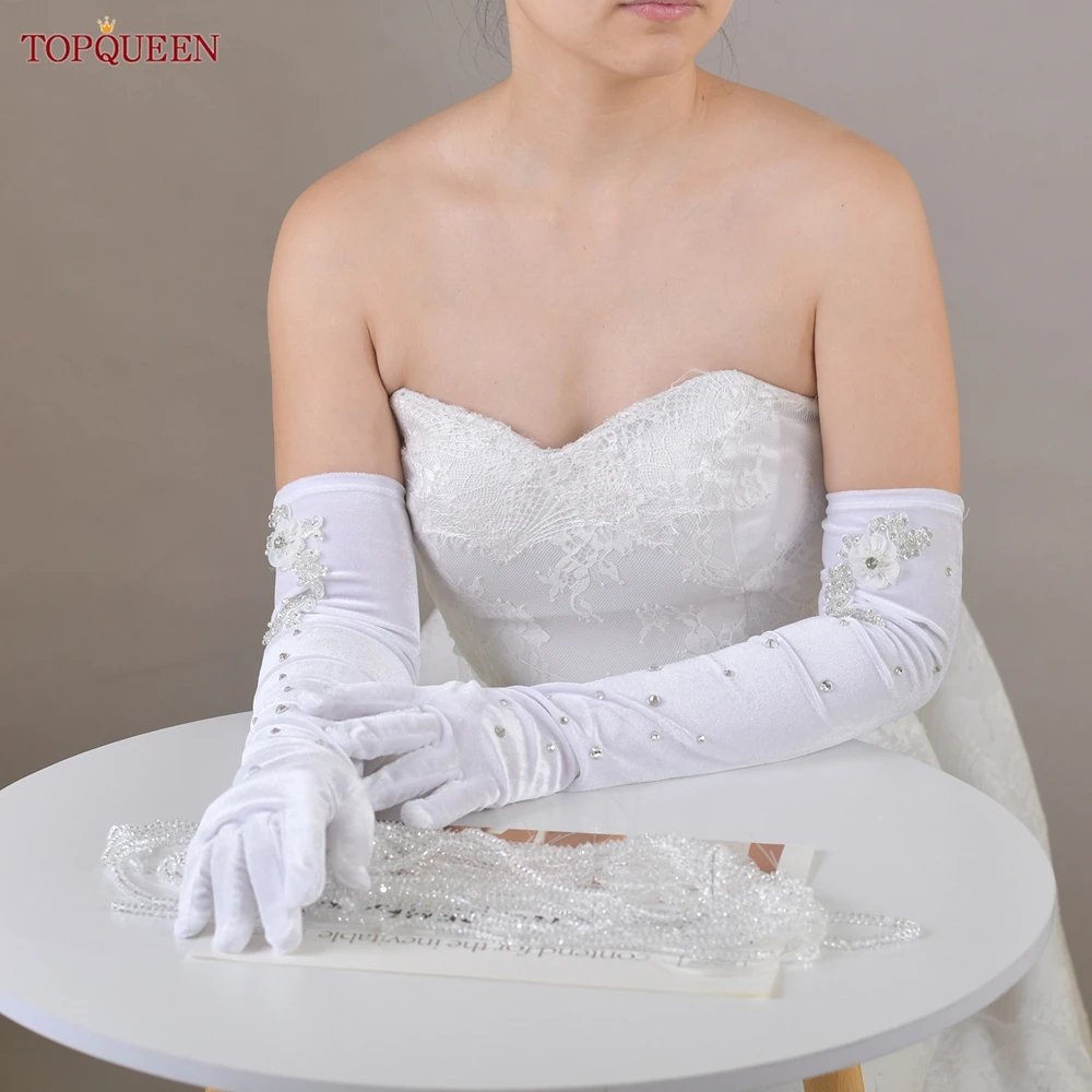 TOPQUEEN Elegante Brauthandschuhe Kristall Perlen 3D Perle Blume Lange Handschuhe Ellenbogenlänge Hochzeit Zubehör T24