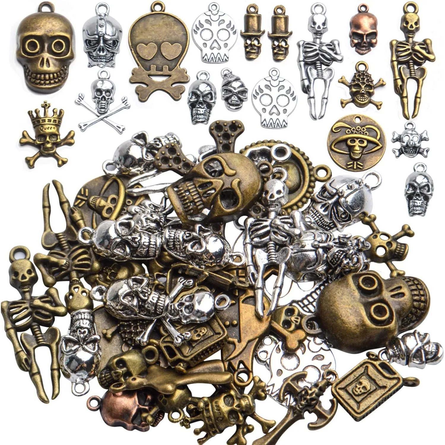 

100g(About 30-50pcs) Multistyle Skull Head Charm Skeleton Bone Pendant Steampunk Halloween Charms for DIY Necklace Bracelet
