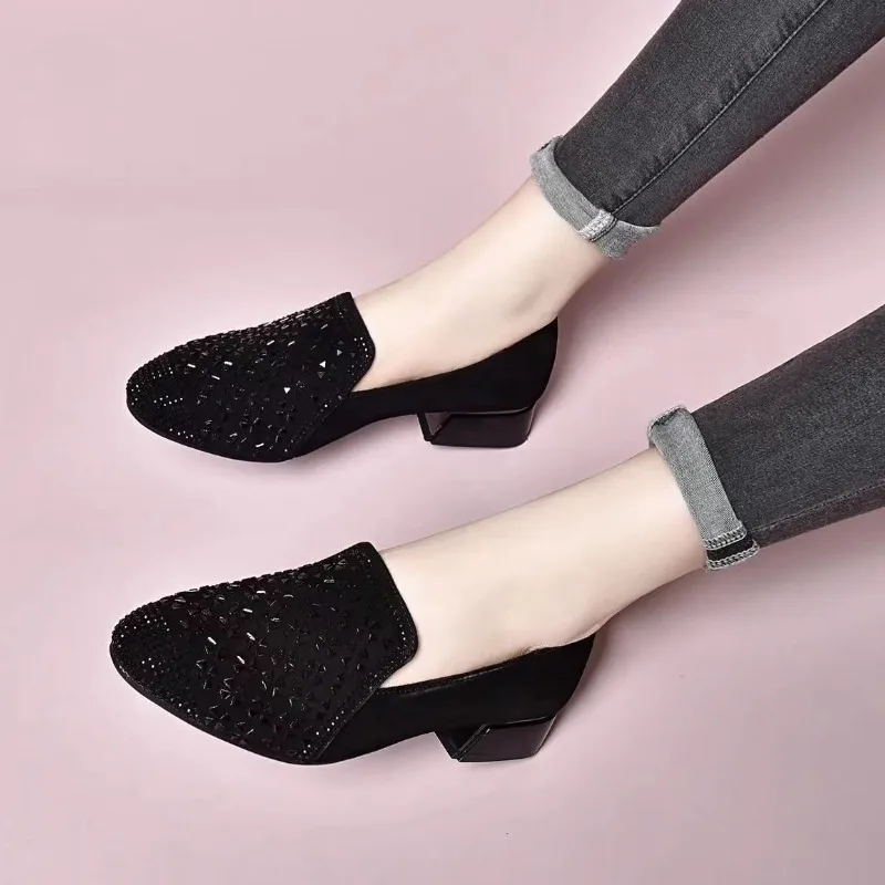 

Женские туфли-лодочки с мелкими кристаллами, модные женские дышащие повседневные туфли на высоком каблуке для вечеринок, черные лоферы без шнуровки на низком каблуке, новинка