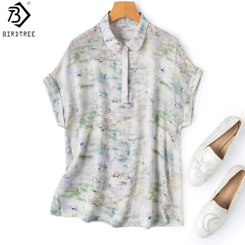 

Birdtree, 100% Real Silk Printed Blouse, Polo-neck Short Sleeve Shirt, Women Double Crepe Elegant Tops, 2026 Summer New T64008JF