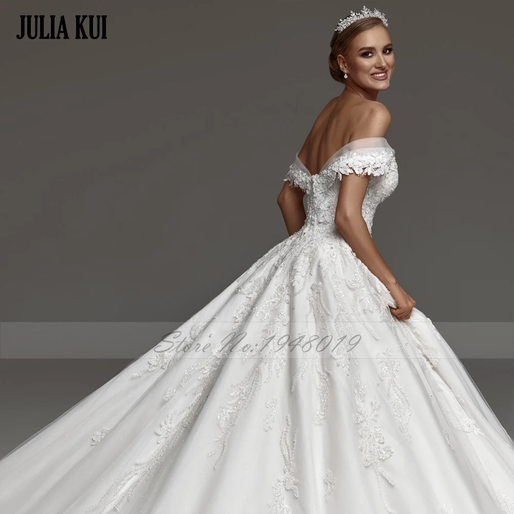 Julia kui feito sob encomenda do vintage fora do ombro mangas vestido de baile vestido de casamento com miçangas bordado renda tribunal trem vestido de noiva