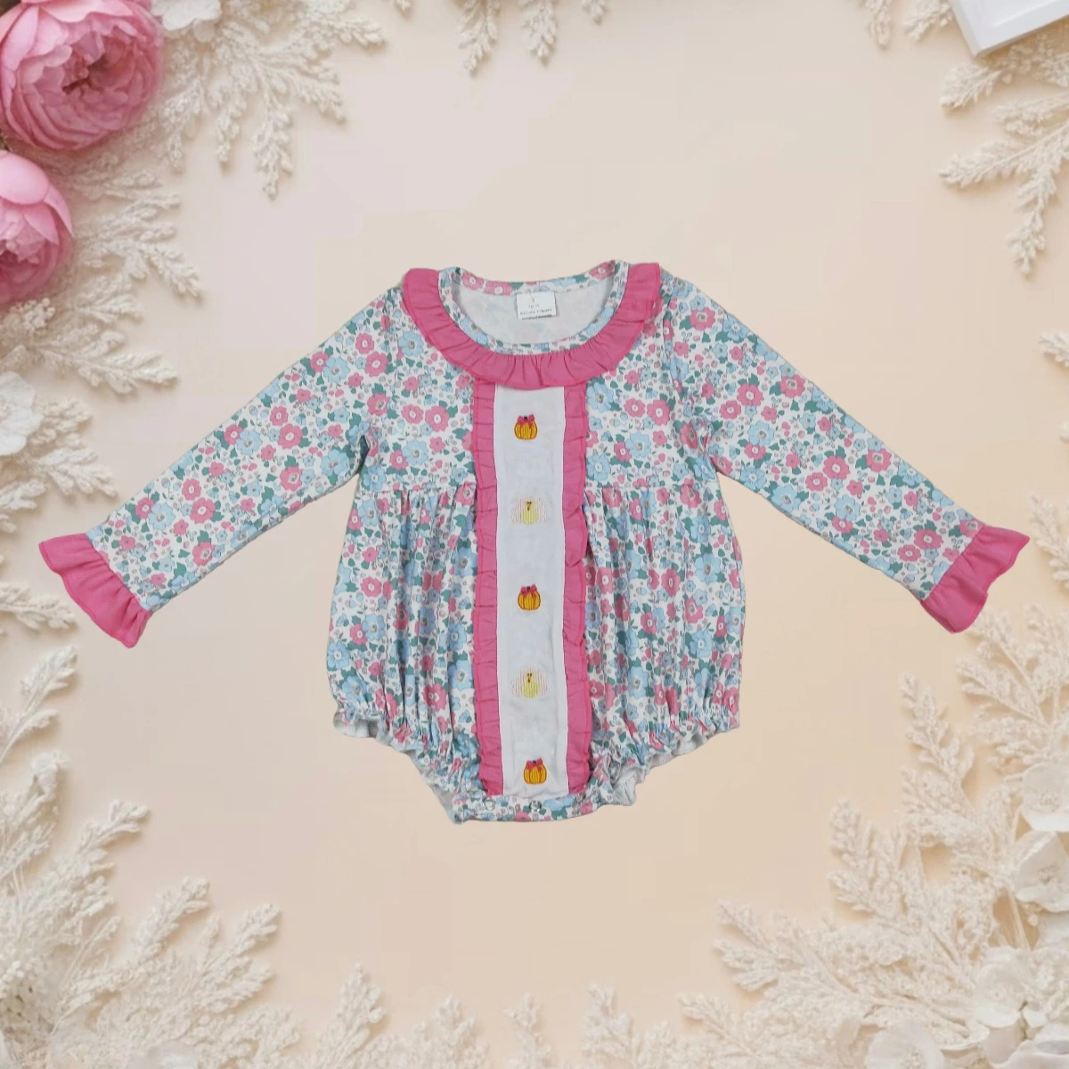 

Newborn Coverall Kids Ruffle Bodysuit Embroidery Infant Toddler Bubble Baby Girl Long Sleeves Turkey Pumpkins Romper Onesie