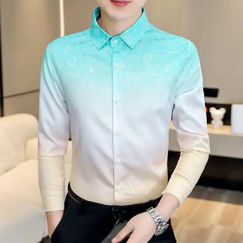 Men's Gradient Color Long Sleeve Shirt Korean Style Slim Fit Spring Autumn Trendy Casual Top 2026 New Arrival