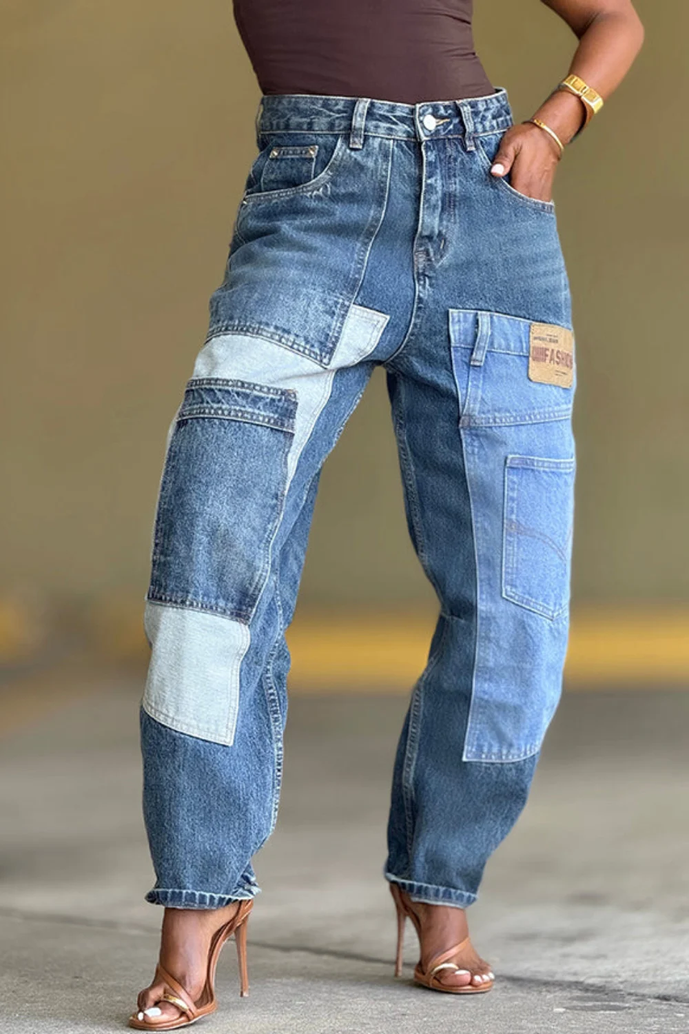 

Plus Size Daily Blue Pocket Casual Contrast Denim Patch Jeans