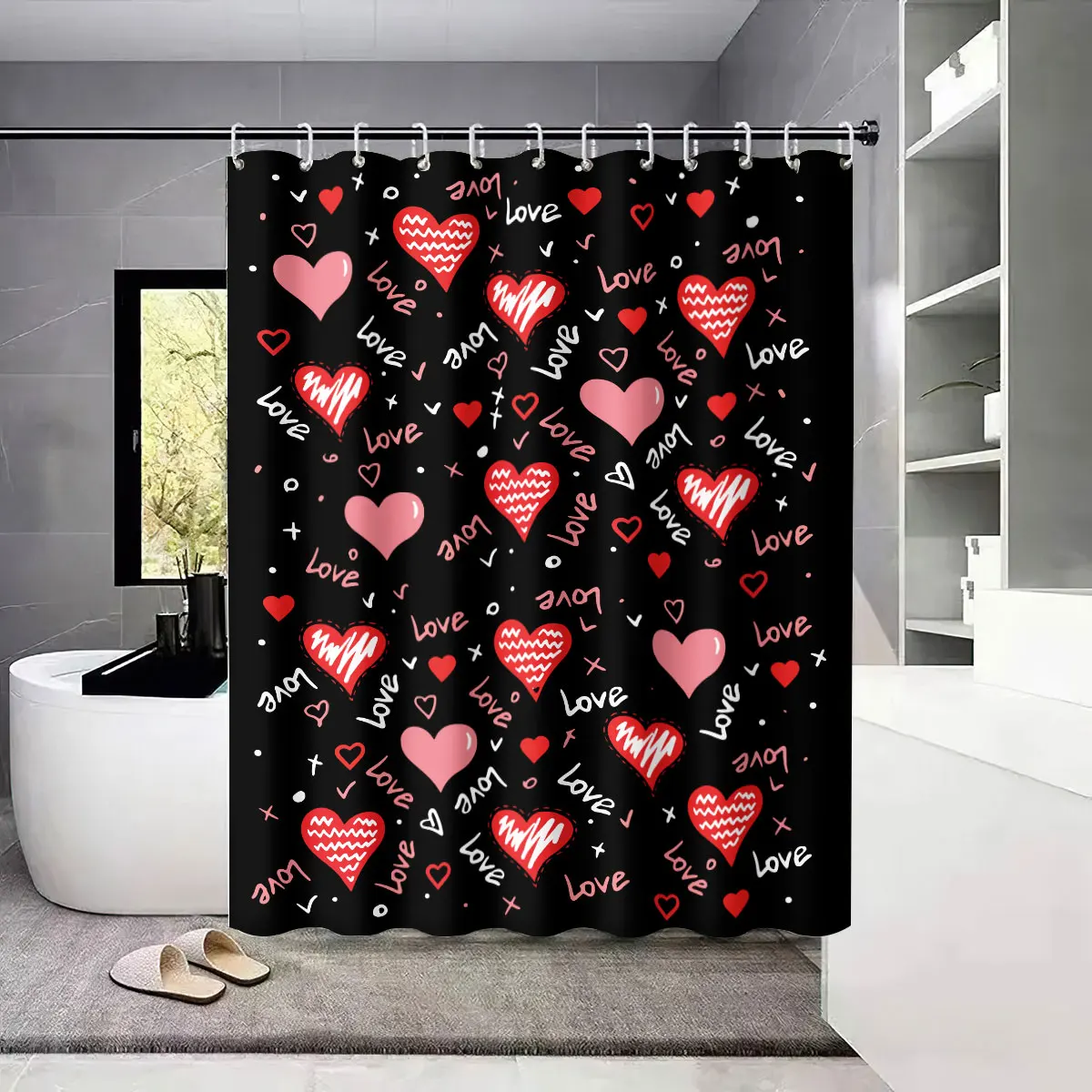 

4 шт., набор для ванной комнаты с черным принтом на День святого Валентина, водонепроницаемая занавеска для душа, напольный коврик U-образный коврик для унитаза