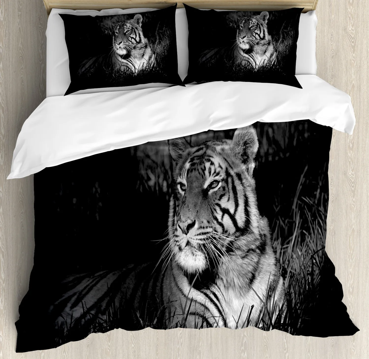 Tiger Bedding Set King Size,King of Sundarbans In A Dark Environment Mild Mannered Majestic Animal Black Polyester Duvet Cover