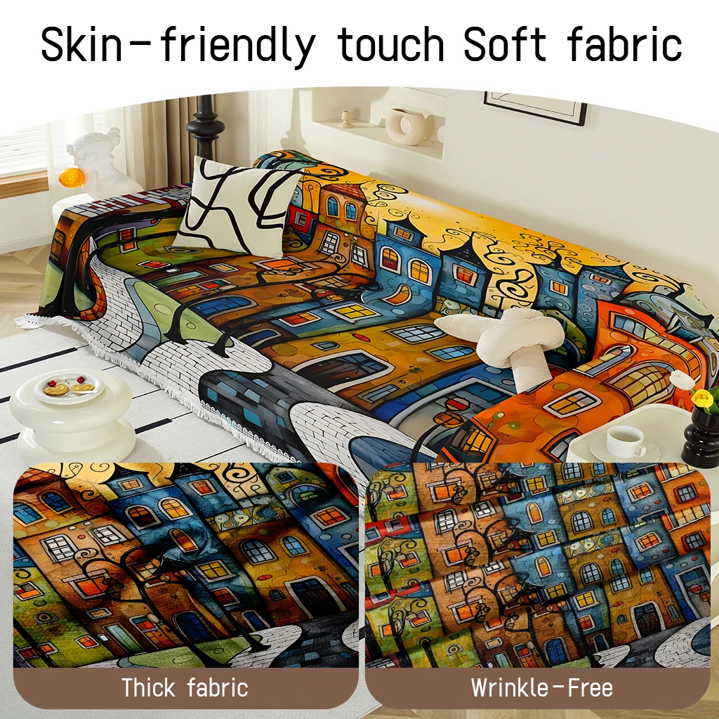 1pc Artistic Cartoon Town Print Sofa Blanket, Vibrant Boho Couch Throw for Home Decor, Soft Modern Washable Cover