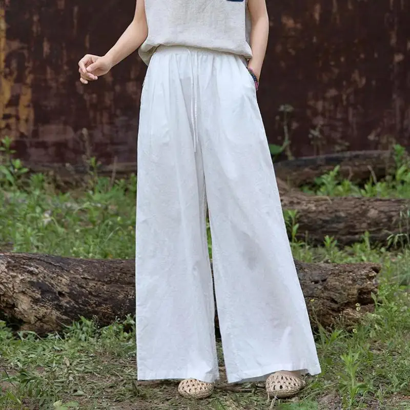 

New Arrival Spring Summer Arts Style Women Elastic Waist Loose Length Pants High Quality Cotton Linen Casual Wide Leg Pants B379