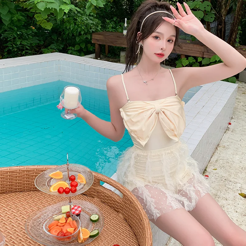 2024 Women One-Piece Swimsuit Sexy Soild Swim Wear Summer Beach Wear Korean Style Bathing Suit Bowknot Female Bodysuit