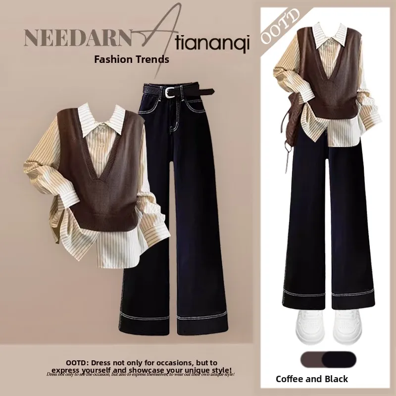 

Korean High-End Striped irt Knitted Vest Wide Leg Jeans Tee Piece Set Slimming Effect ape Body pe Suitable