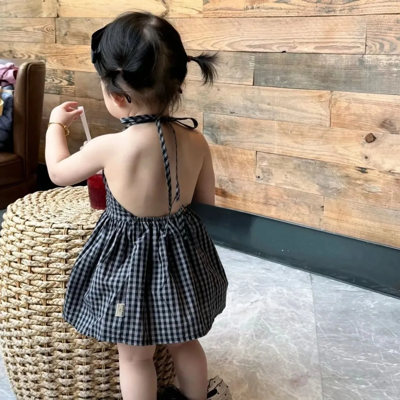 Girls' Summer Dress Korean Children's Clothing Hanging Neck Backless Skirt Baby Plaid Vest Skirt New