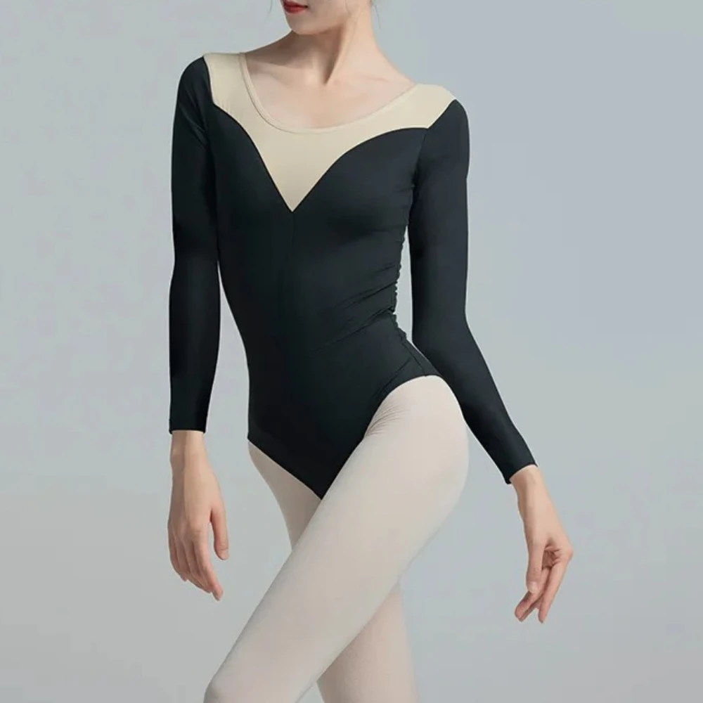 レディースバレエレオタードヨガ体操ダンストレーニングウェア長袖メッシュスプライスバレエダンスボディスーツバレリーナコスチューム