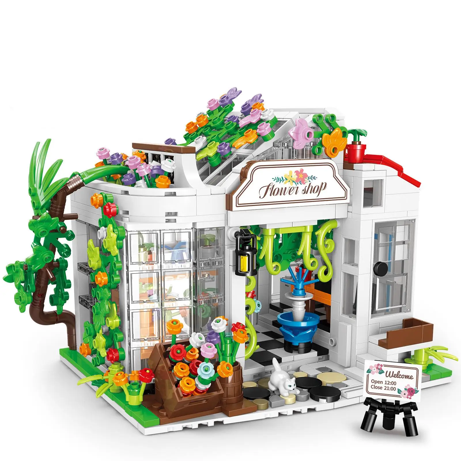 OUZEY Street View Flower Shop Bloques de construcción, más de 14 kits de modelo de casa en miniatura DIY, regalo creativo de decoración de escritorio para el hogar para adolescentes