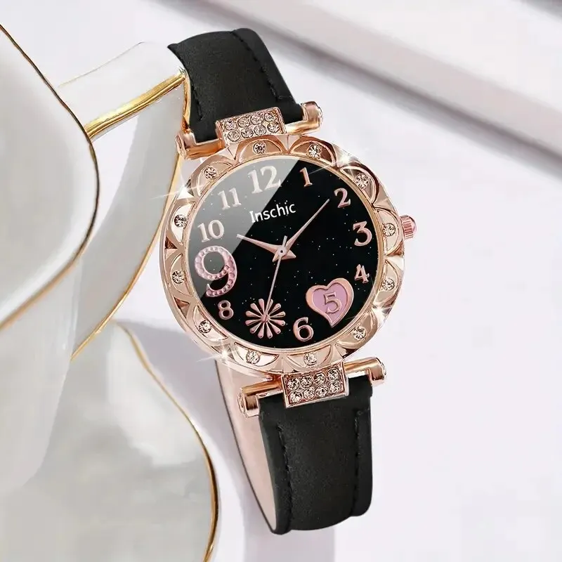 2PCS Women\'s Fashion Trend Simple Digital Rhinestone Leather Quartz Watch Love Crystal Luxury Luxury Bracelet Gift Set