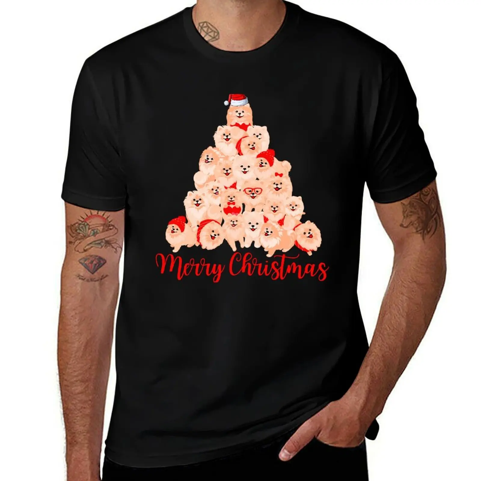 Pomeranian Christmas Tree Merry Christmas Pomeranian T-Shirt Work Basic Short Sleeve Top T-Shirt