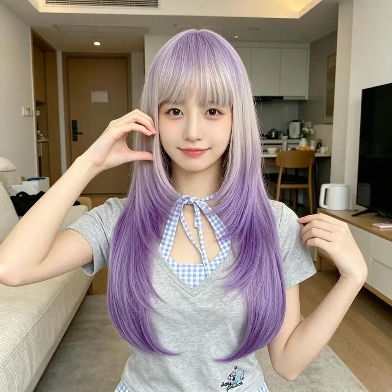 Gradient Purple Wig with Matte Silk Rose Inner Net, Lightweight, Breathable, Realistic Headpiece