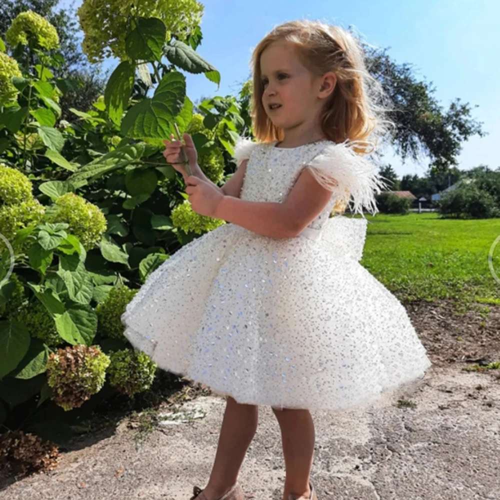 MisShow New Bow Lace Ball Gown White Sequined Girl Dresses For Wedding Sweet Sleeveless Soft Tulle Princess Communion Dresses