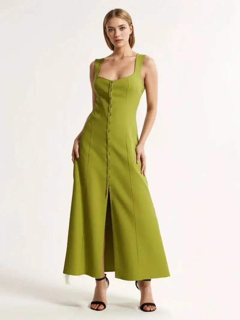 Women's A-line Long Dress Elegant Square Neck Sleeveless Wide Sling Maxi Dresses 2025 Summer Lady Commute Button Dresses TE8R
