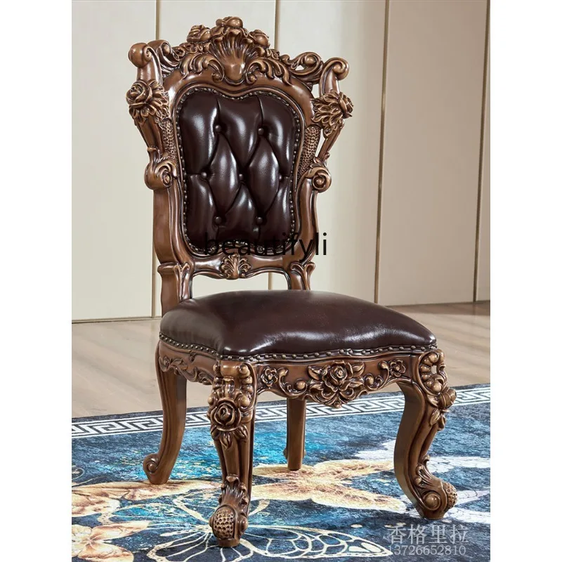 

European dining chair luxury solid wood carving flower leather dining table chair retro casual back chair