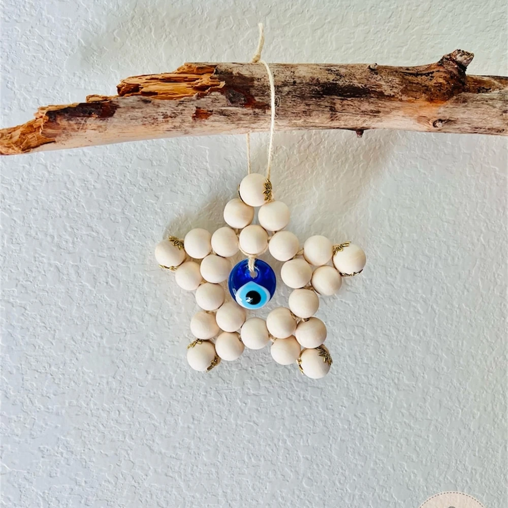 

Evil Eye Wall Hanging Wooden Guardian Amulet Star with Glass Evil Eye Bead Door-Knob Handle Hanging Minimalist Home Decor Gift