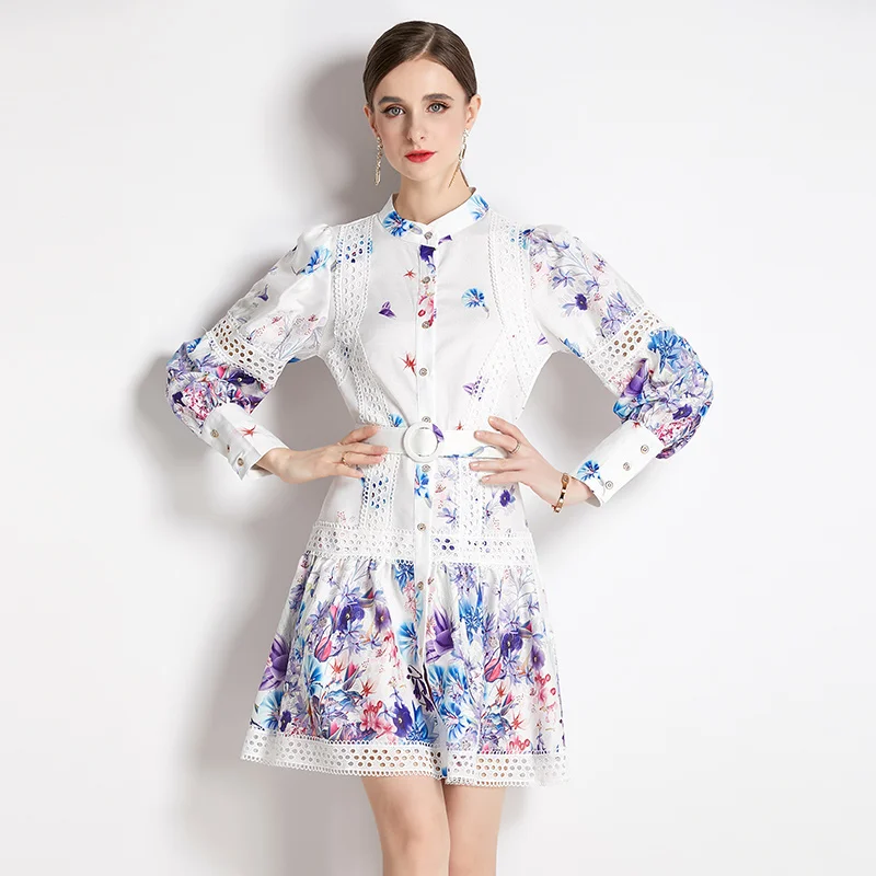 Runway Women Single Breasted Mini Dress Lantern Long Sleeves Sashes Boho  Vintage Dress Fashion Lady OL Floral Print Lace Robe - AliExpress 200000345