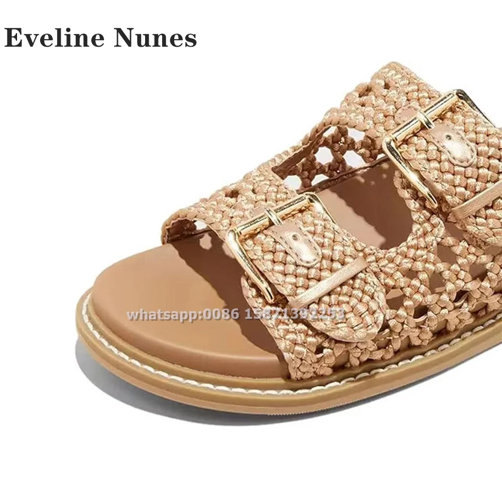 Woven Mental Buckle Shallow Slippers Open Toe Flat with Cut Out Solid Plus Size Slip On Slides Solid Casual 2024 Summer Trend