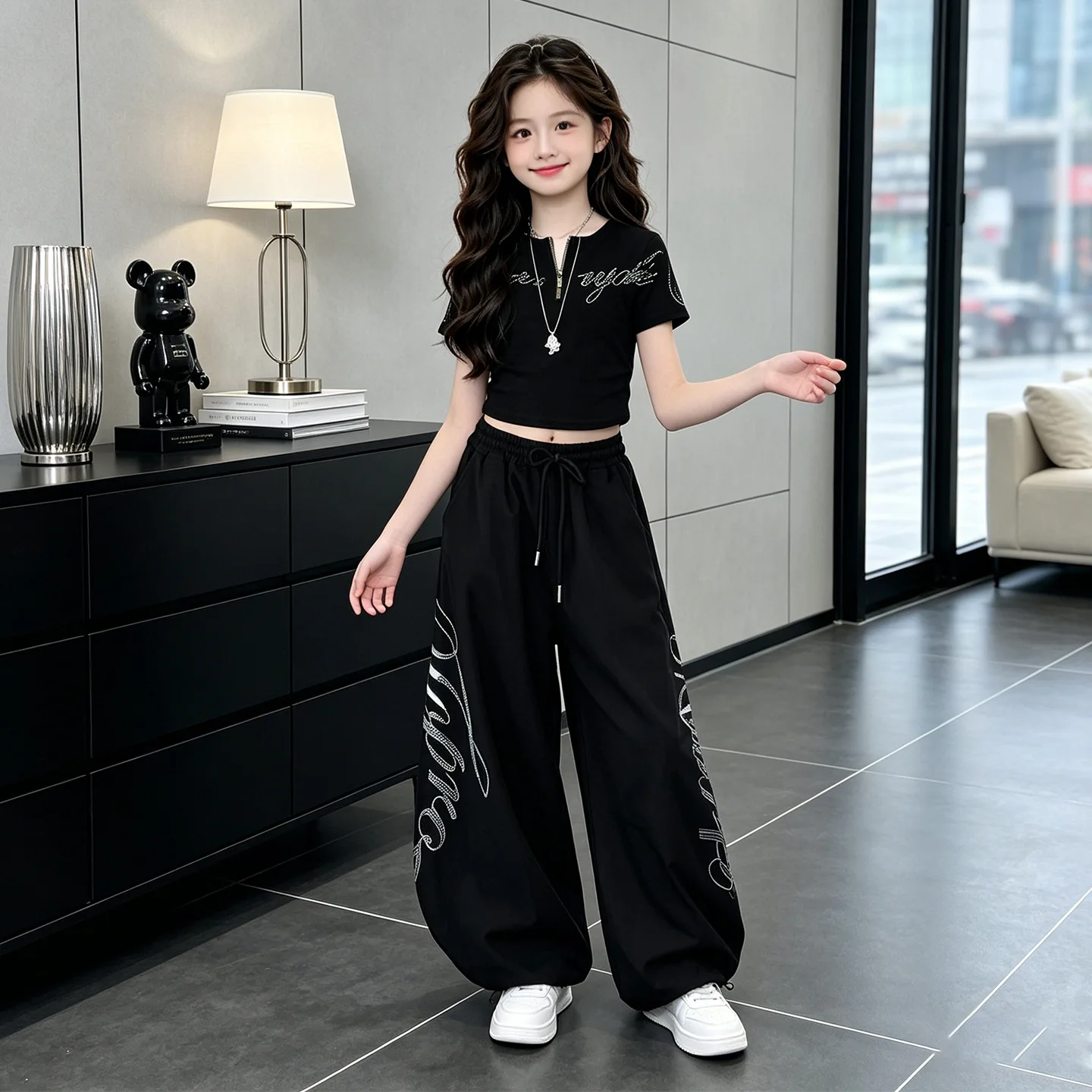 ティーンガールズ-ヒップホップ-ジャズダンス-衣装-夏用-2点セット-カジュアルtシャツ-ルーズパンツ-ブラック-ストリートウェア-キッズ-k-pop-ダンスウェアセット