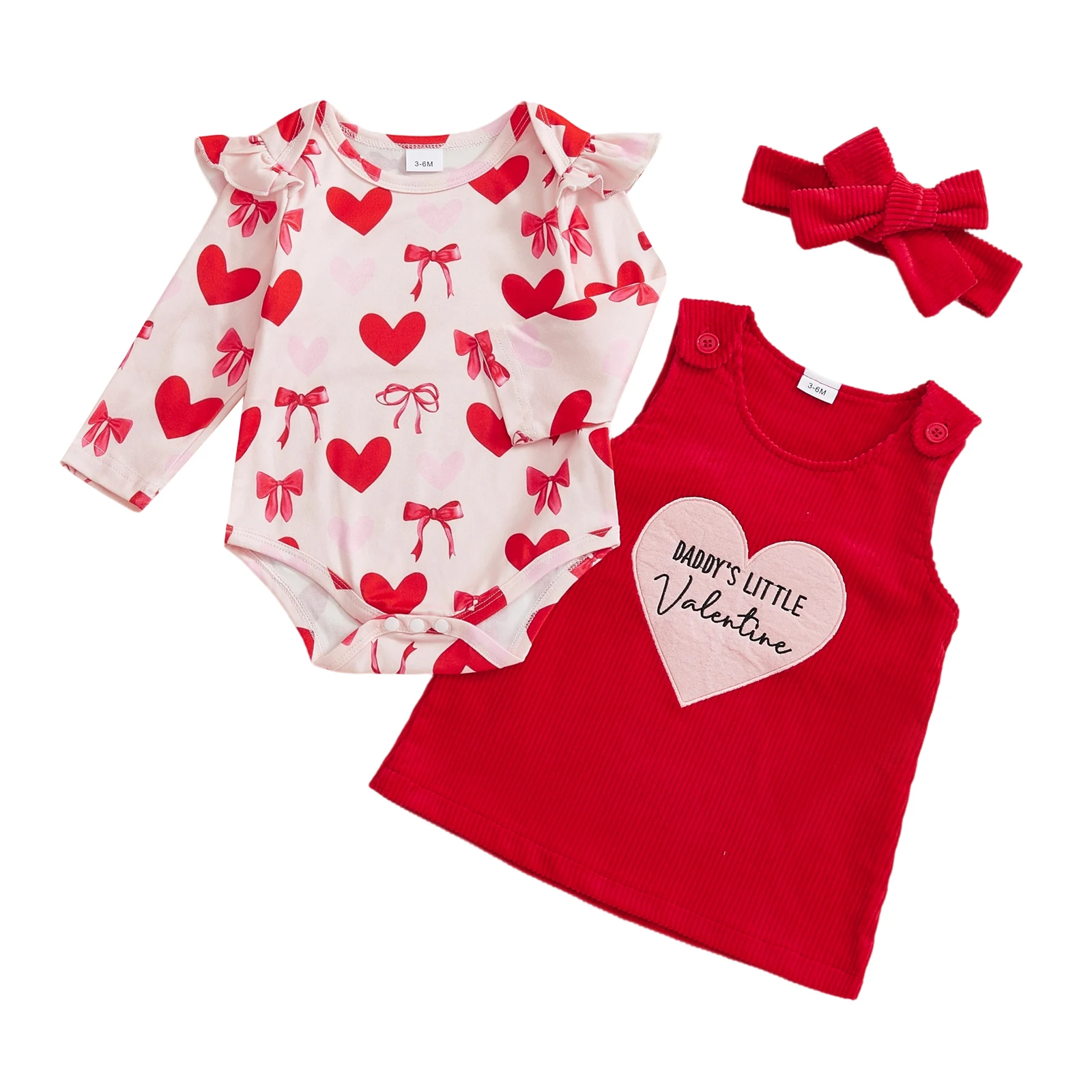 Baby Girls Fall Outfit Long Sleeve Heart Print Romper Embroidery Overall Dress Headband for Valentines Day