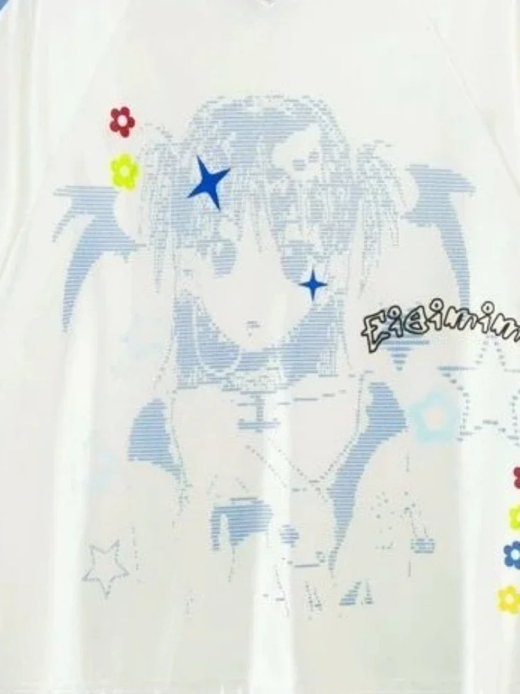 الصيف اليابانية القوطية أنيمي الكرتون طباعة تي شيرت تقليدي المرقعة الشارع الشهير القمم Harajuku انخفاض الكتف بلايز فضفاضة غير رسمية